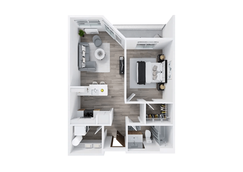 A top-down view of a small apartment with a kitchen, living room, and bathroom.